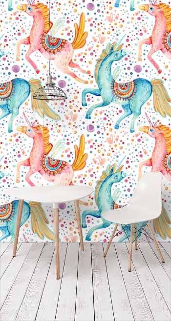 Bild på Watercolor pair of flying unicorns seamless pattern on background with bubbles and hearts